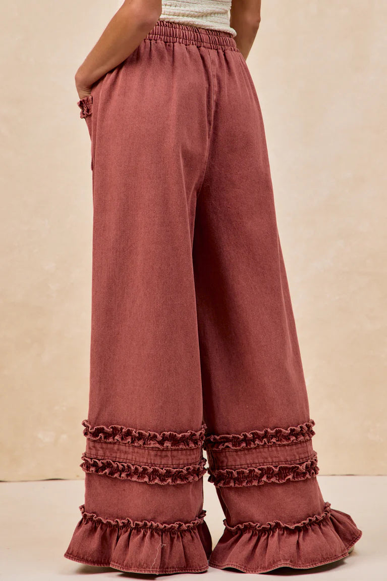 WASHED DENIM WIDE PANTS WITH RUFFLED DETAILS