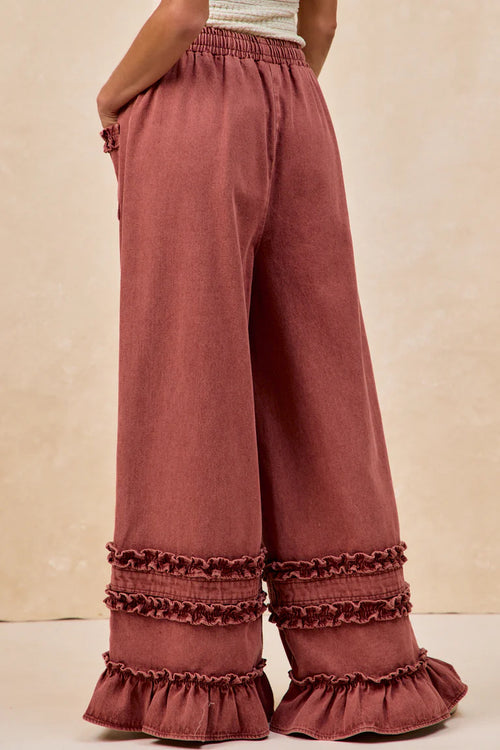 WASHED DENIM WIDE PANTS WITH RUFFLED DETAILS