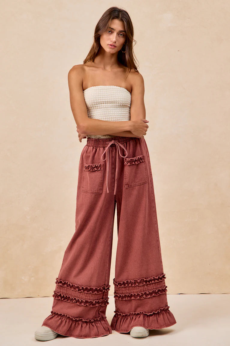 WASHED DENIM WIDE PANTS WITH RUFFLED DETAILS