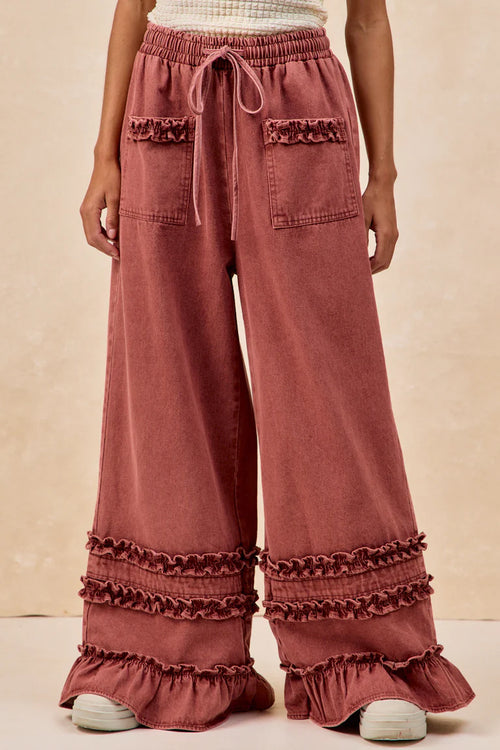 WASHED DENIM WIDE PANTS WITH RUFFLED DETAILS