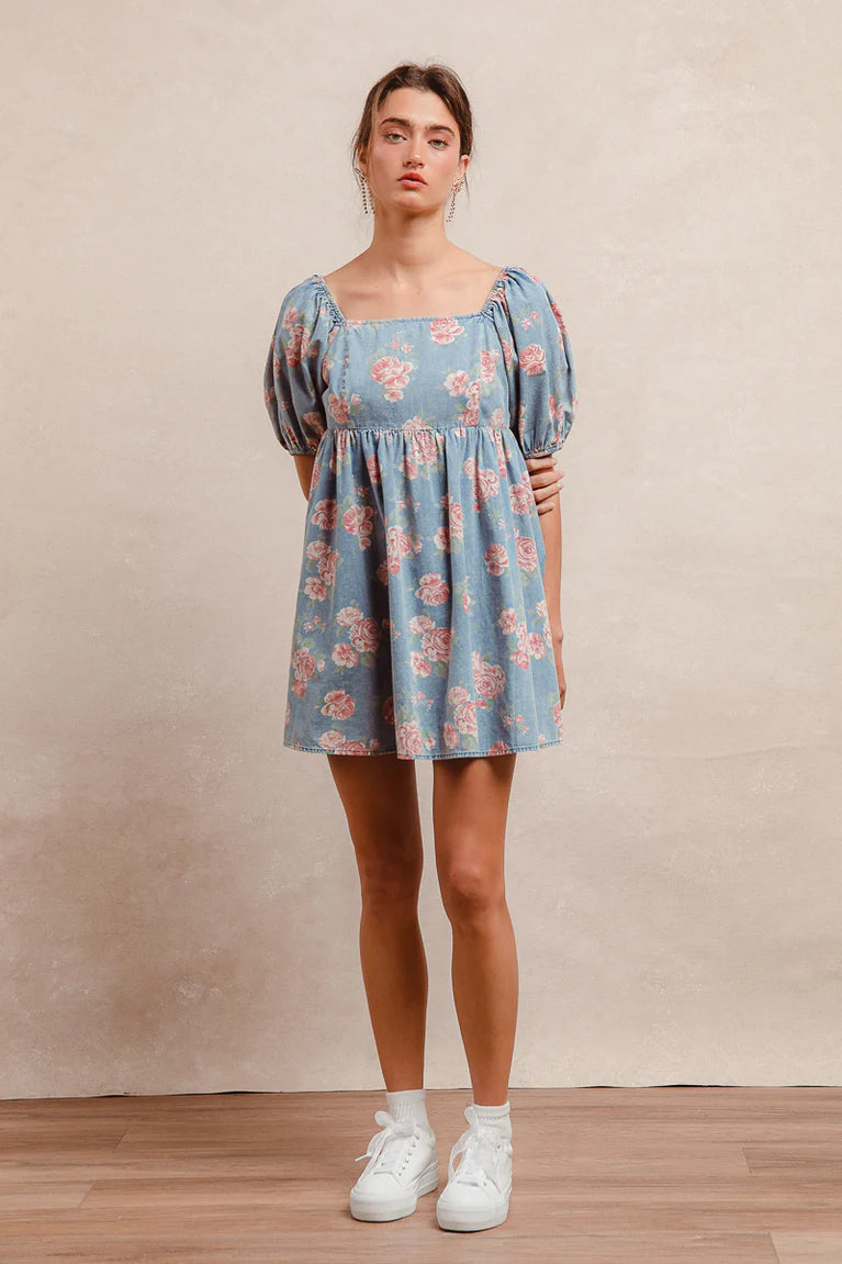 Denim Floral Balloon Sleeve Dress