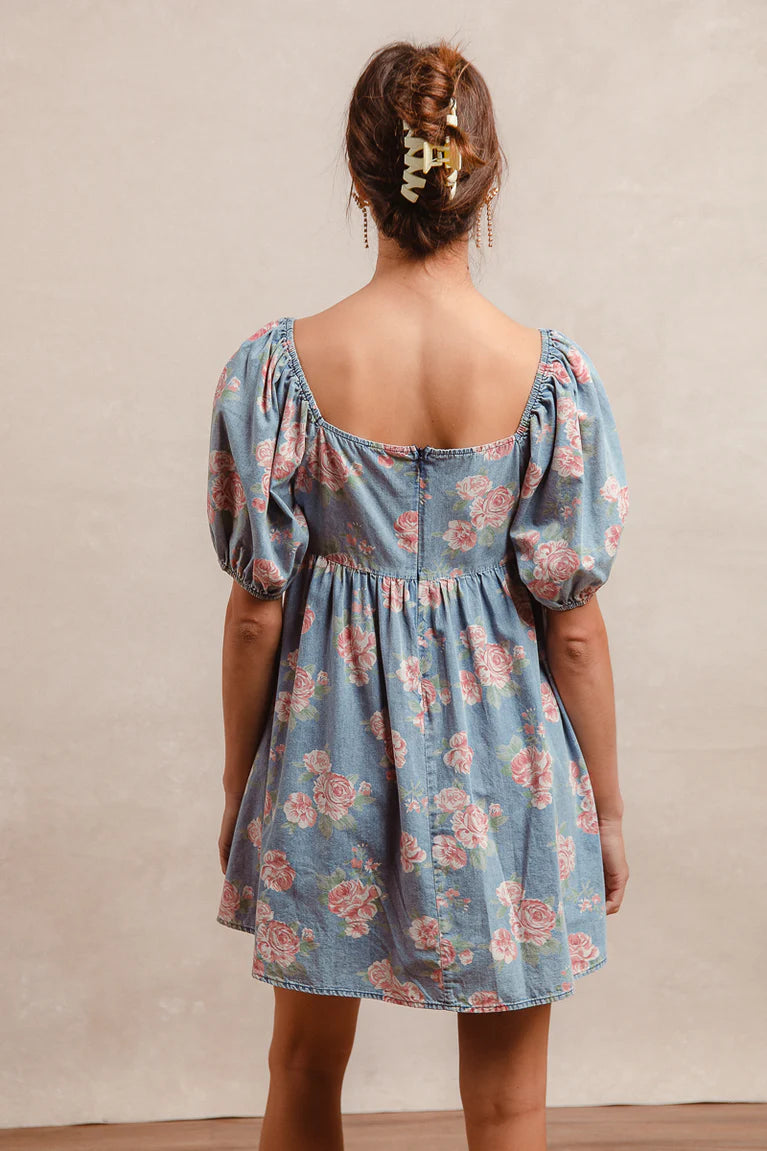 Denim Floral Balloon Sleeve Dress