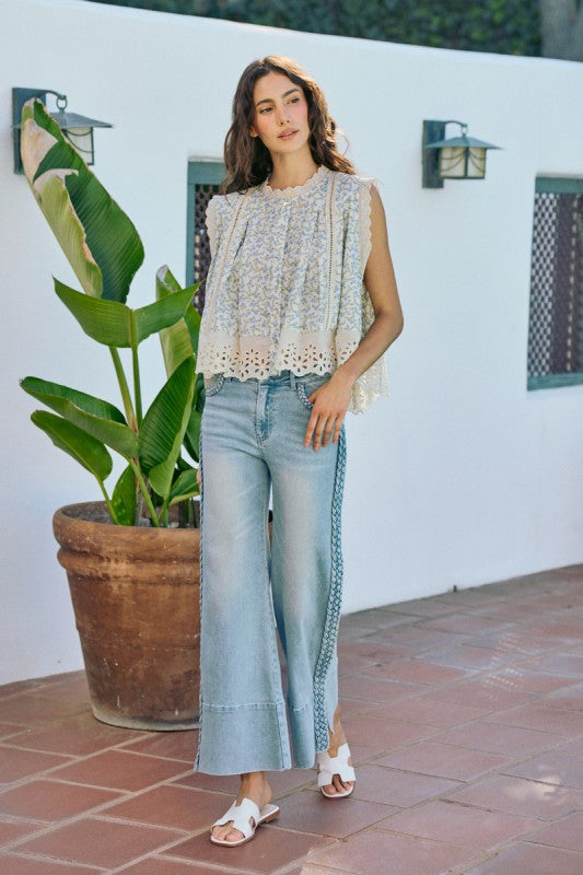 Wide Leg Flare Denim Jeans With Side Braids
