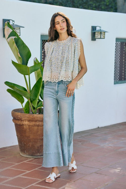 Wide Leg Flare Denim Jeans With Side Braids